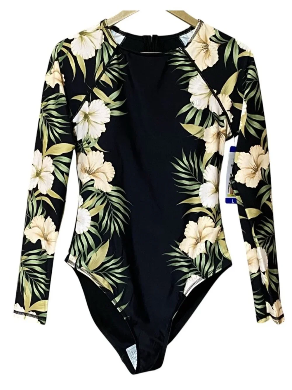 Hurley Womens L Black Floral Long Sleeve One Piece Swimsuit UPF 50 Surf